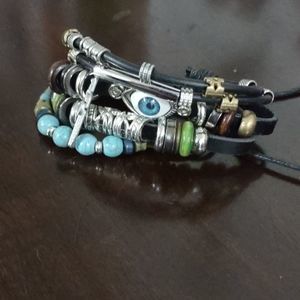 Women's Silvertone Multicolored Beaded Adjustable Slider Bracelet with Evil Eye